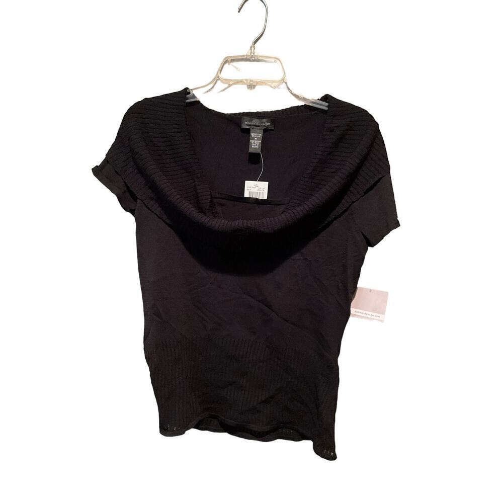Cable & Gauge Top Women's Medium Black Viscose Loose‎ Turtleneck Short Sleeve